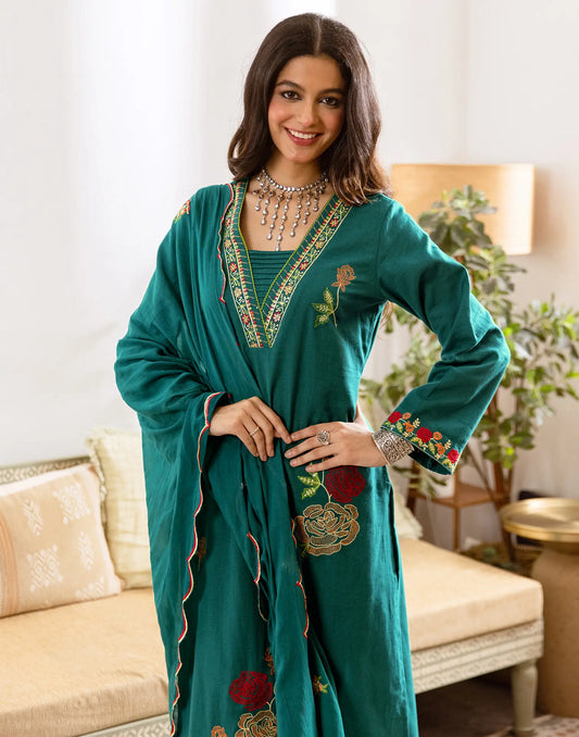 Teal Green Deep V Neck Thread Embroidery Straight 3 Piece Kurta Set with Embroidered Dupatta