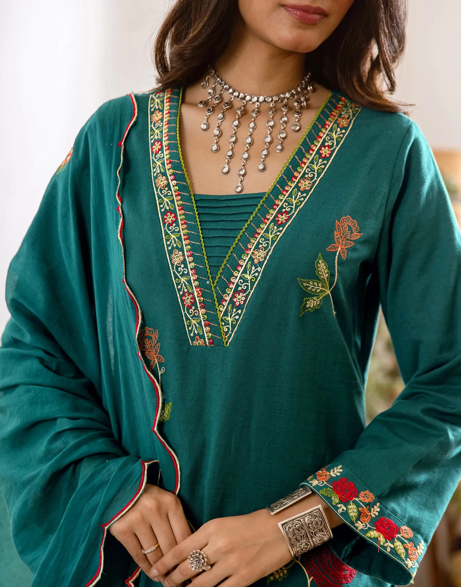 Skylee Cotton Embroidered Straight 3 Piece Kurta Set For Woman