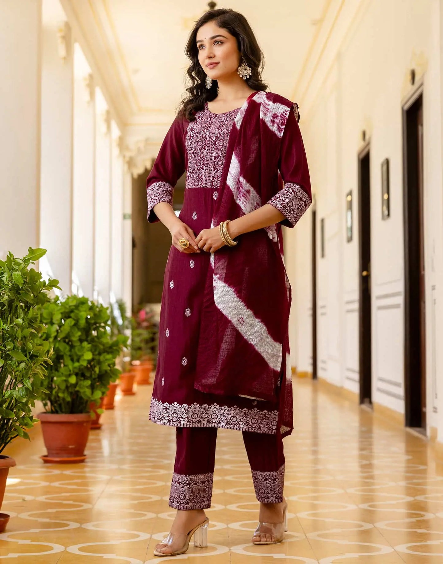 Silk Blend Pigment Printed and Printed Lace Straight Kurta with Pant & Dupatta