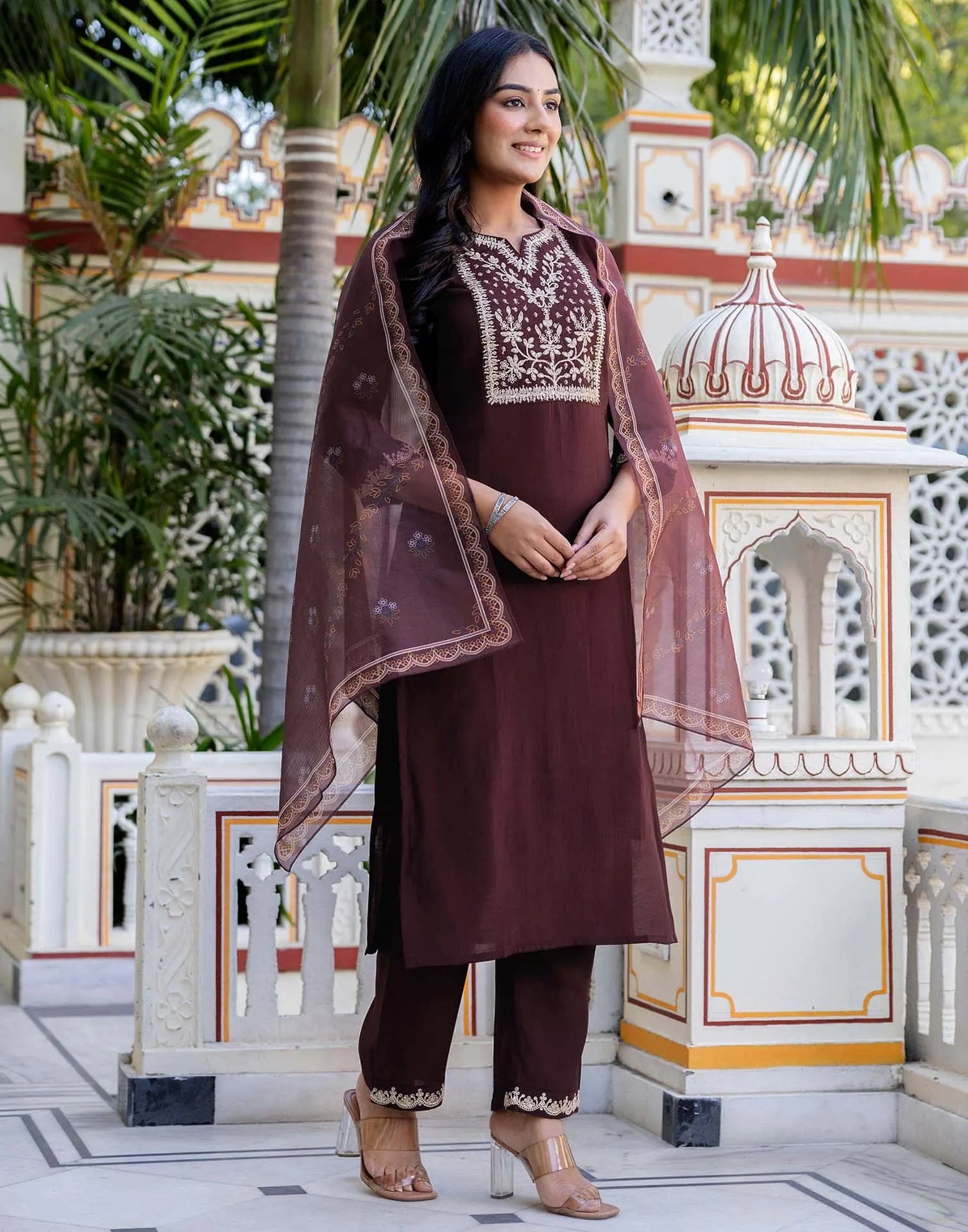 Skylee Brown silk straight kurta set with embroidery and sequins work with pant and dupatta