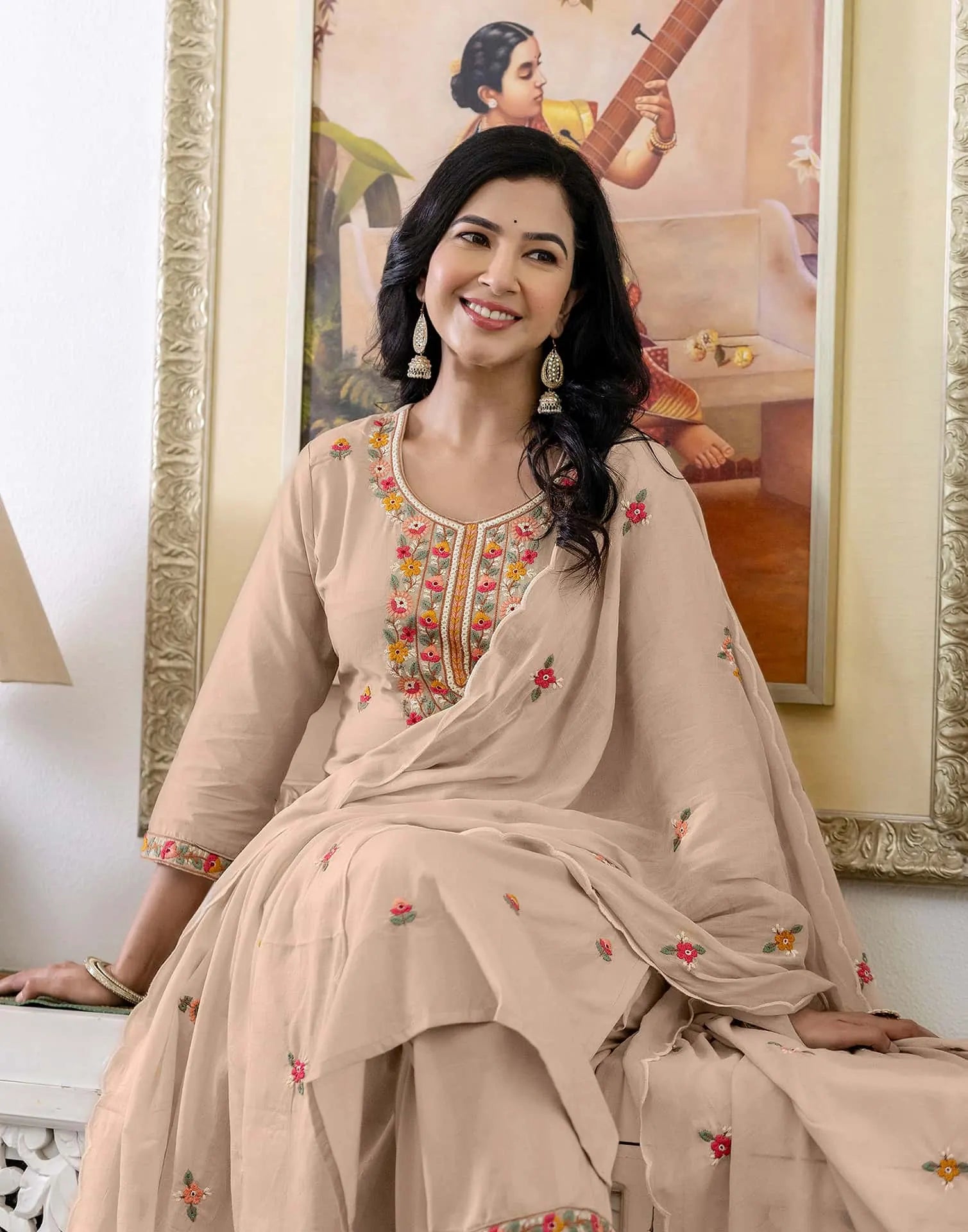Skylee Brown Cotton Embroidered Straight Kurta with Pant & Dupatta