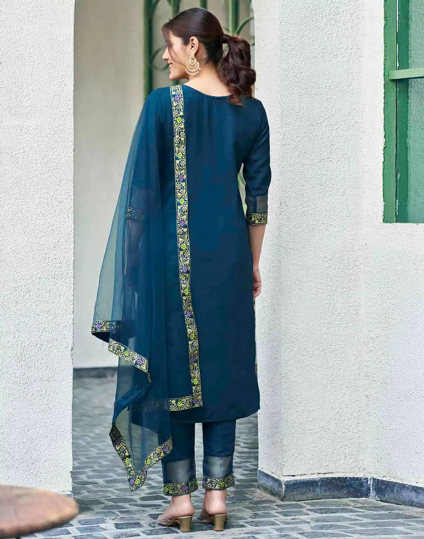 Cotton Blend Foil Printed and Gota Lace Straight Kurta with Pant & Dupatta