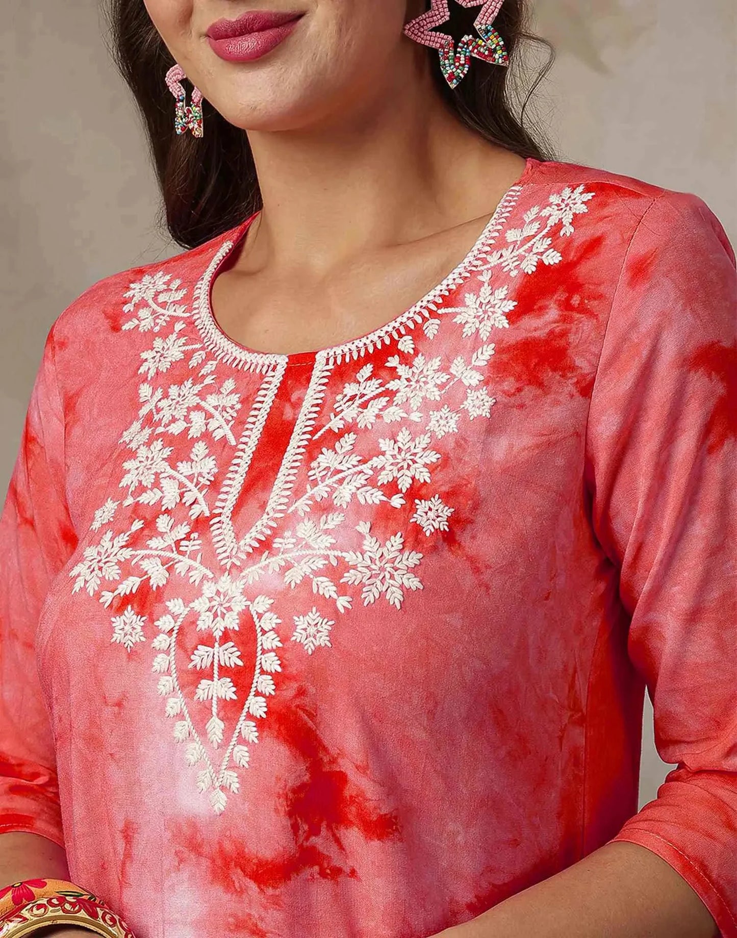 Rayon Chikankari Flared Round Neck Short Kurti