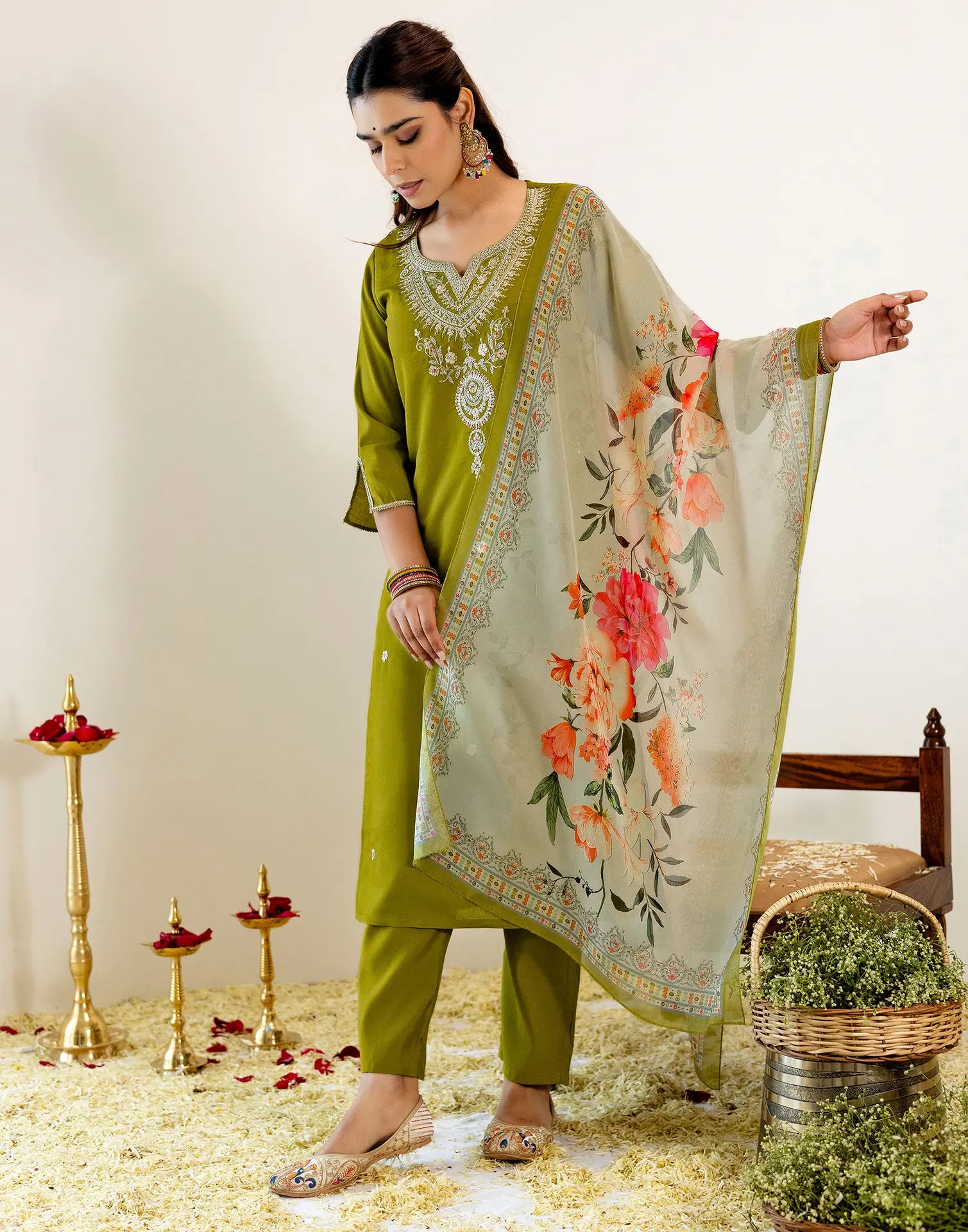 Skylee Silk Embroidered Straight 3 Piece Kurta Set For Woman