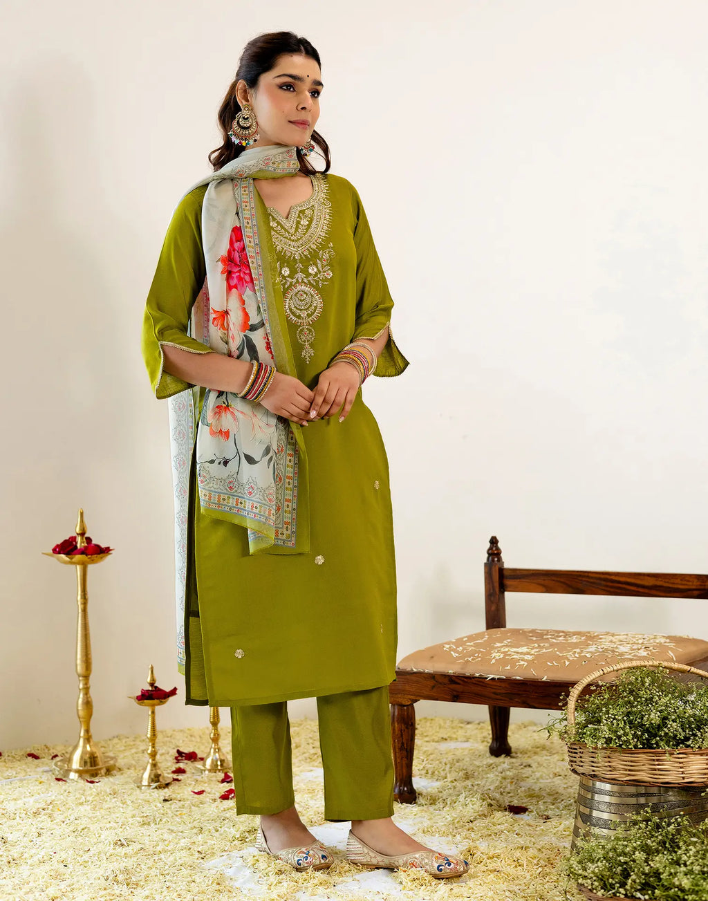 Skylee Silk Embroidered Straight 3 Piece Kurta Set For Woman
