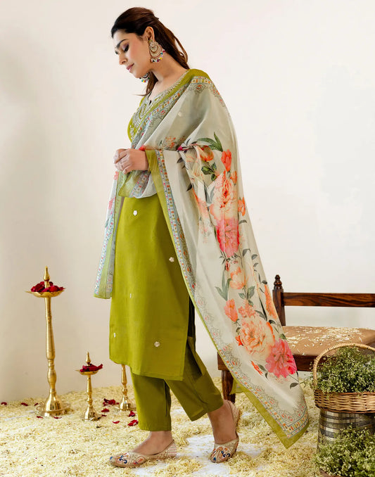 Silk Embroidered Straight 3 Piece Kurta Set