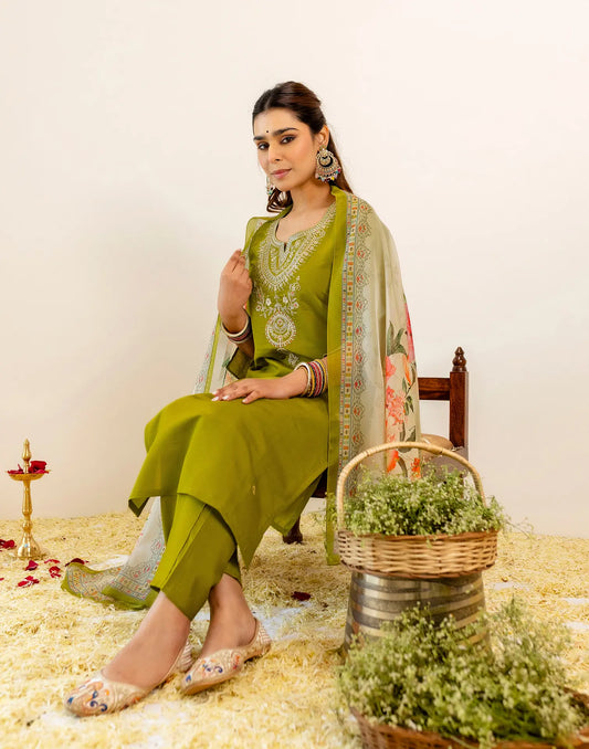 Silk Embroidered Straight 3 Piece Kurta Set