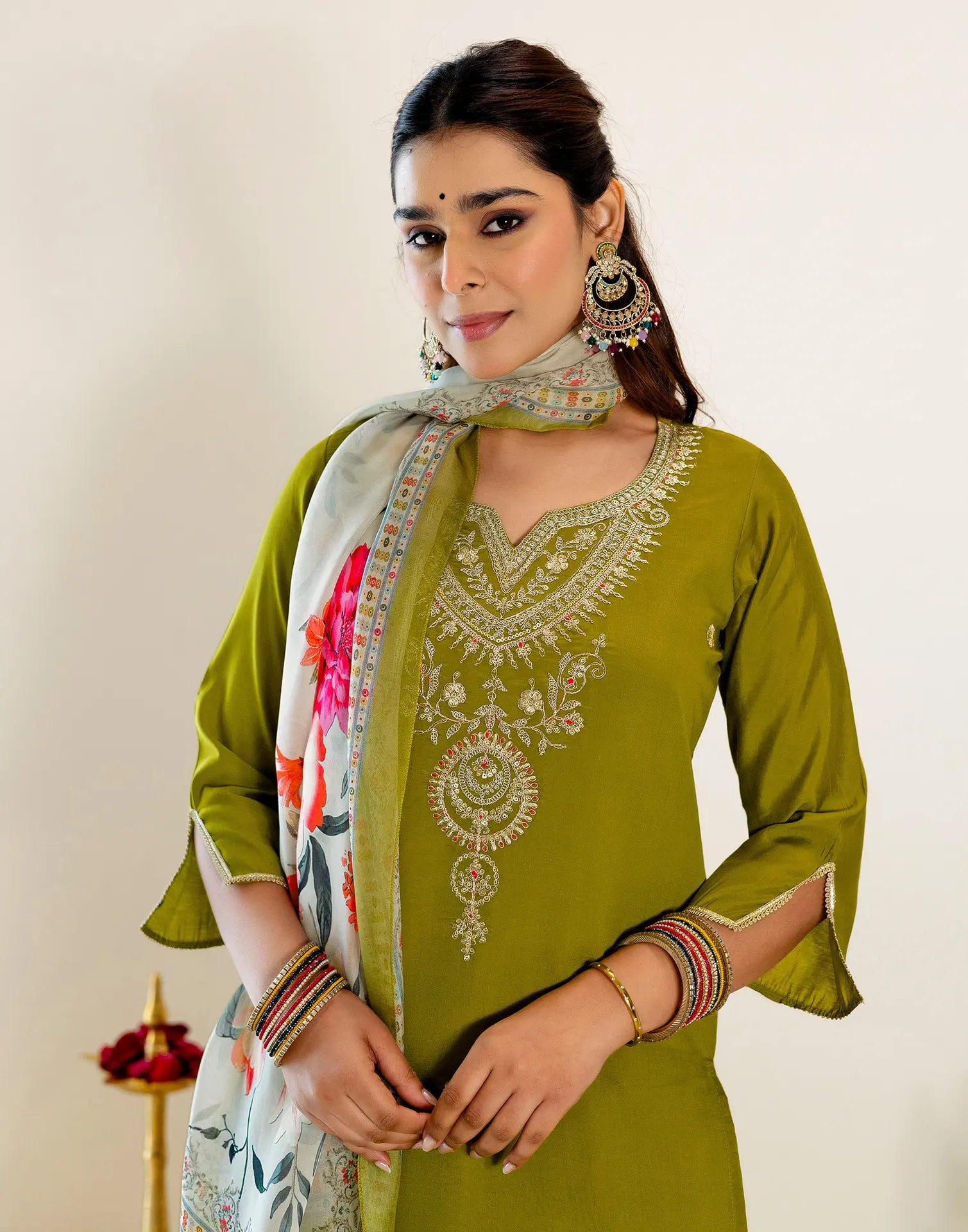 Skylee Silk Embroidered Straight 3 Piece Kurta Set For Woman