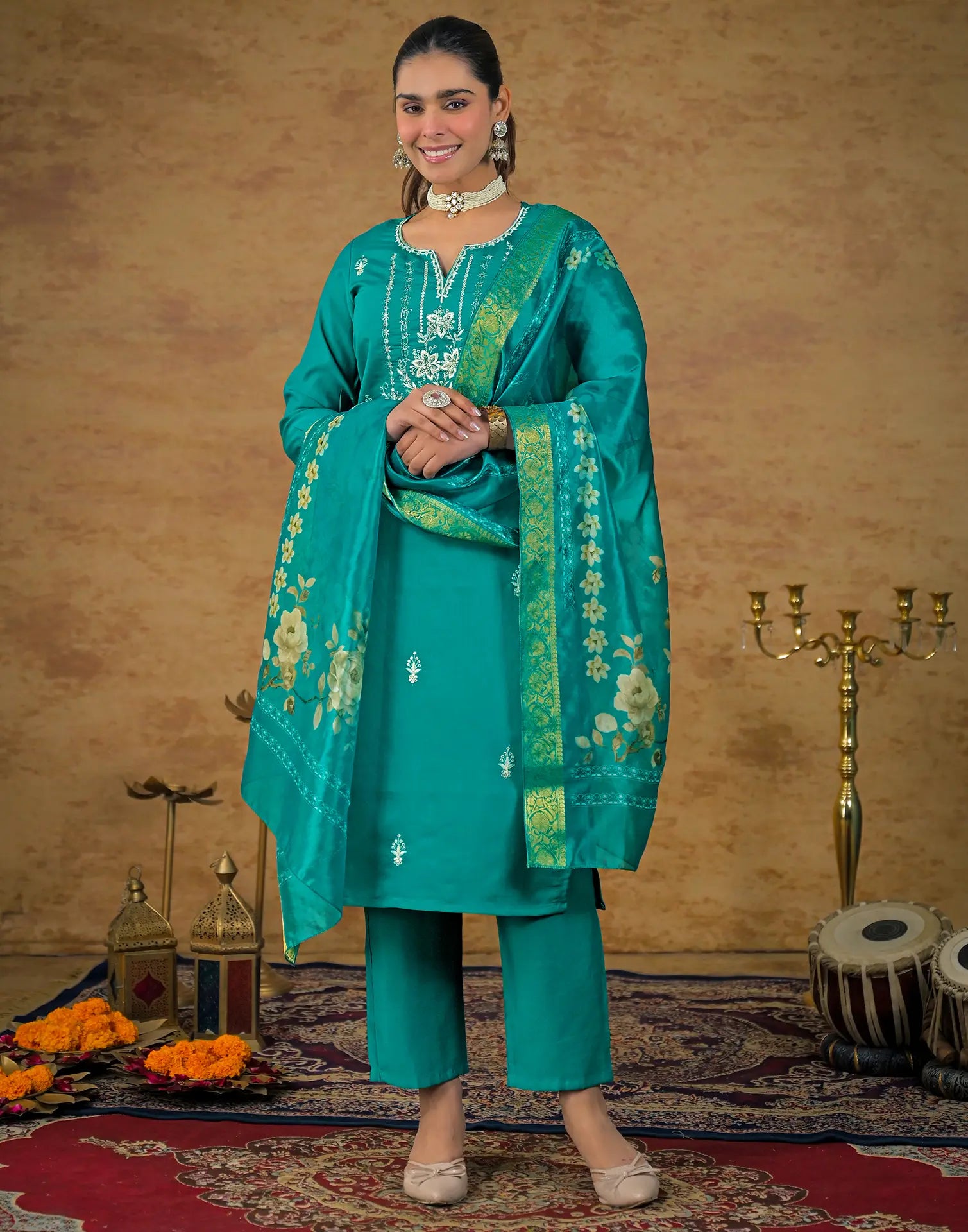 Skylee Silk Embroidered Straight 3 Piece Kurta Set For Woman