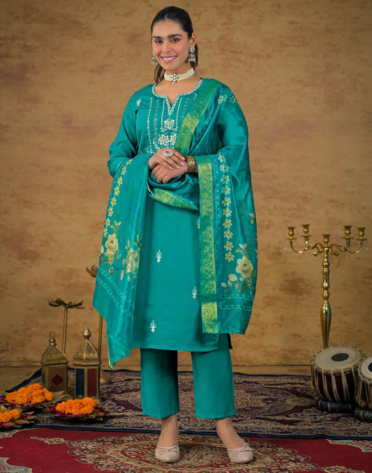 Teal Round Neck with Front Slit and Notch Thread Embroidery Straight 3 Piece Kurta Set with Woven Border Dupatta