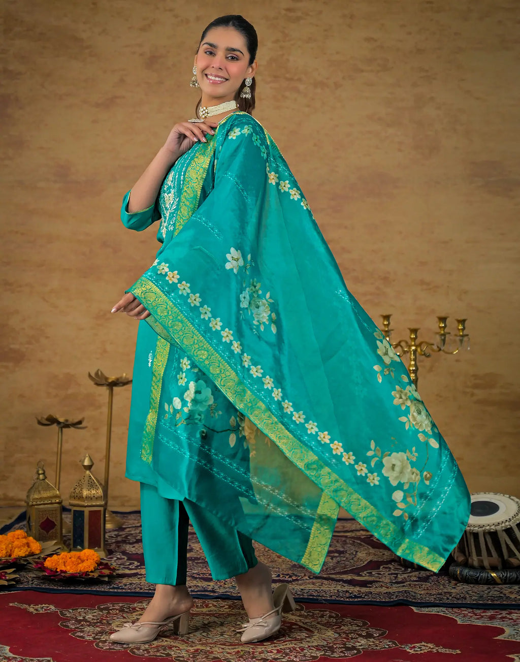 Skylee Silk Embroidered Straight 3 Piece Kurta Set For Woman