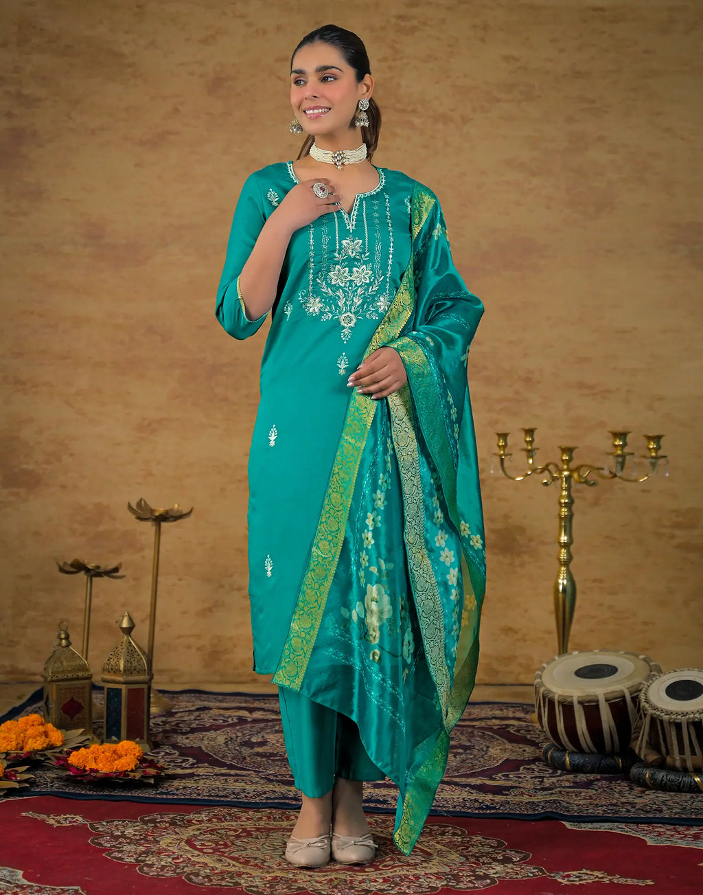 Skylee Silk Embroidered Straight 3 Piece Kurta Set For Woman