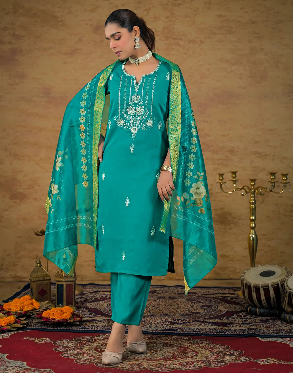 Skylee Silk Embroidered Straight 3 Piece Kurta Set For Woman