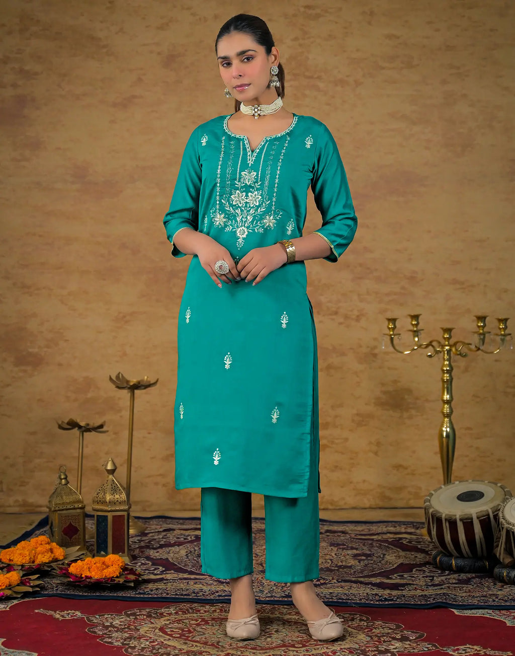 Skylee Silk Embroidered Straight 3 Piece Kurta Set For Woman