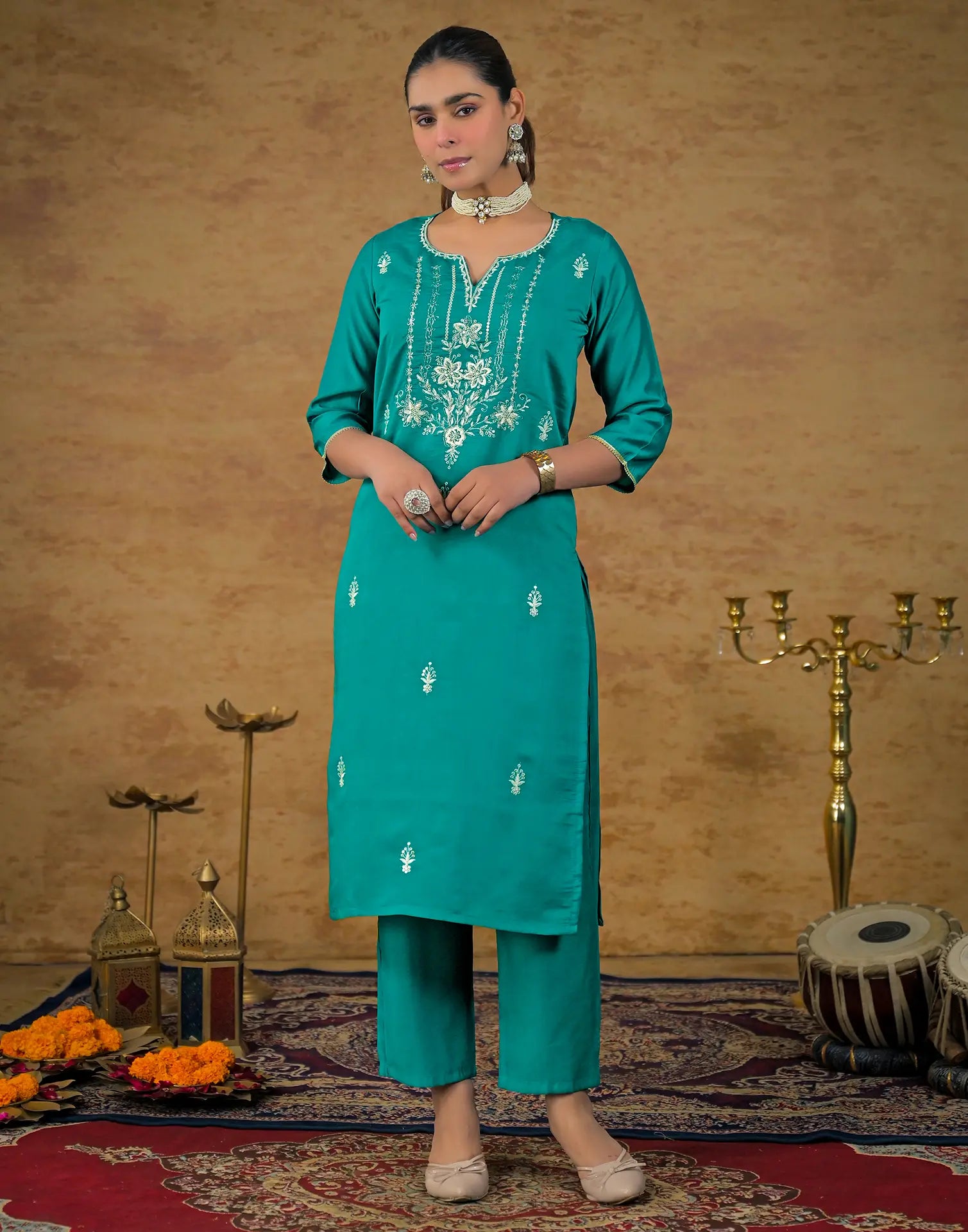 Skylee Silk Embroidered Straight 3 Piece Kurta Set For Woman