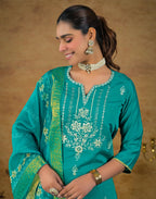 Skylee Silk Embroidered Straight 3 Piece Kurta Set For Woman