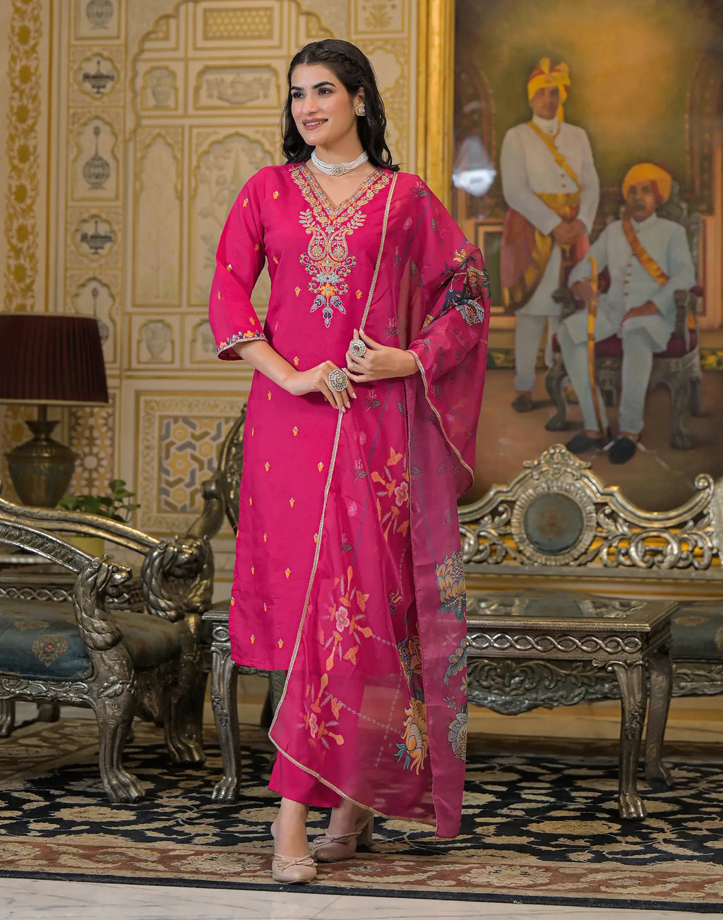 Skylee Silk Sequins Work Straight 3 Piece Kurta Set For Woman