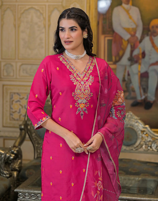 Rani Pink V-Neck Multicolour Thread Embroidery Straight 3 Piece Kurta Set with Printed Dupatta