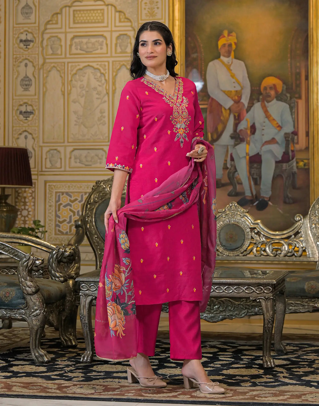 Skylee Silk Sequins Work Straight 3 Piece Kurta Set For Woman