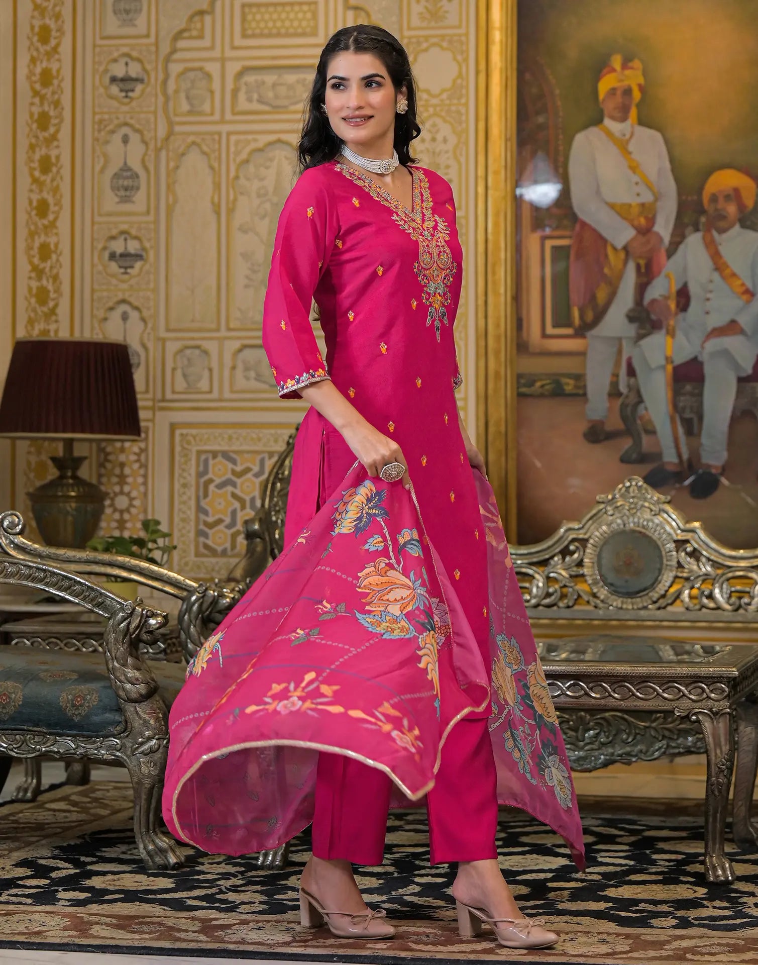 Skylee Silk Sequins Work Straight 3 Piece Kurta Set For Woman