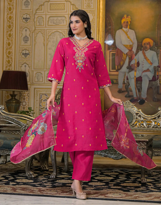 Rani Pink V-Neck Multicolour Thread Embroidery Straight 3 Piece Kurta Set with Printed Dupatta