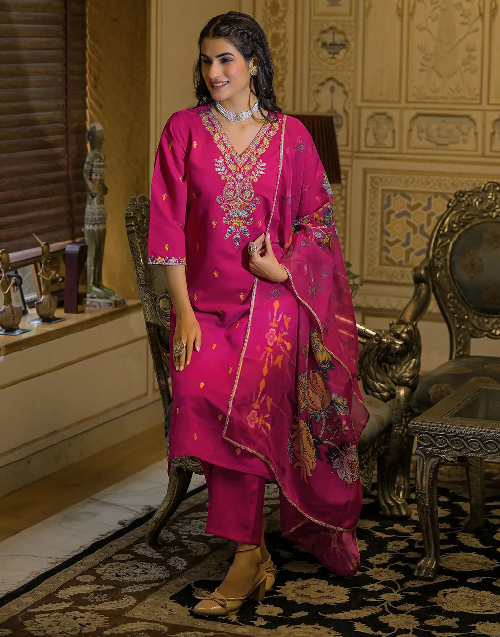 Skylee Silk Sequins Work Straight 3 Piece Kurta Set For Woman