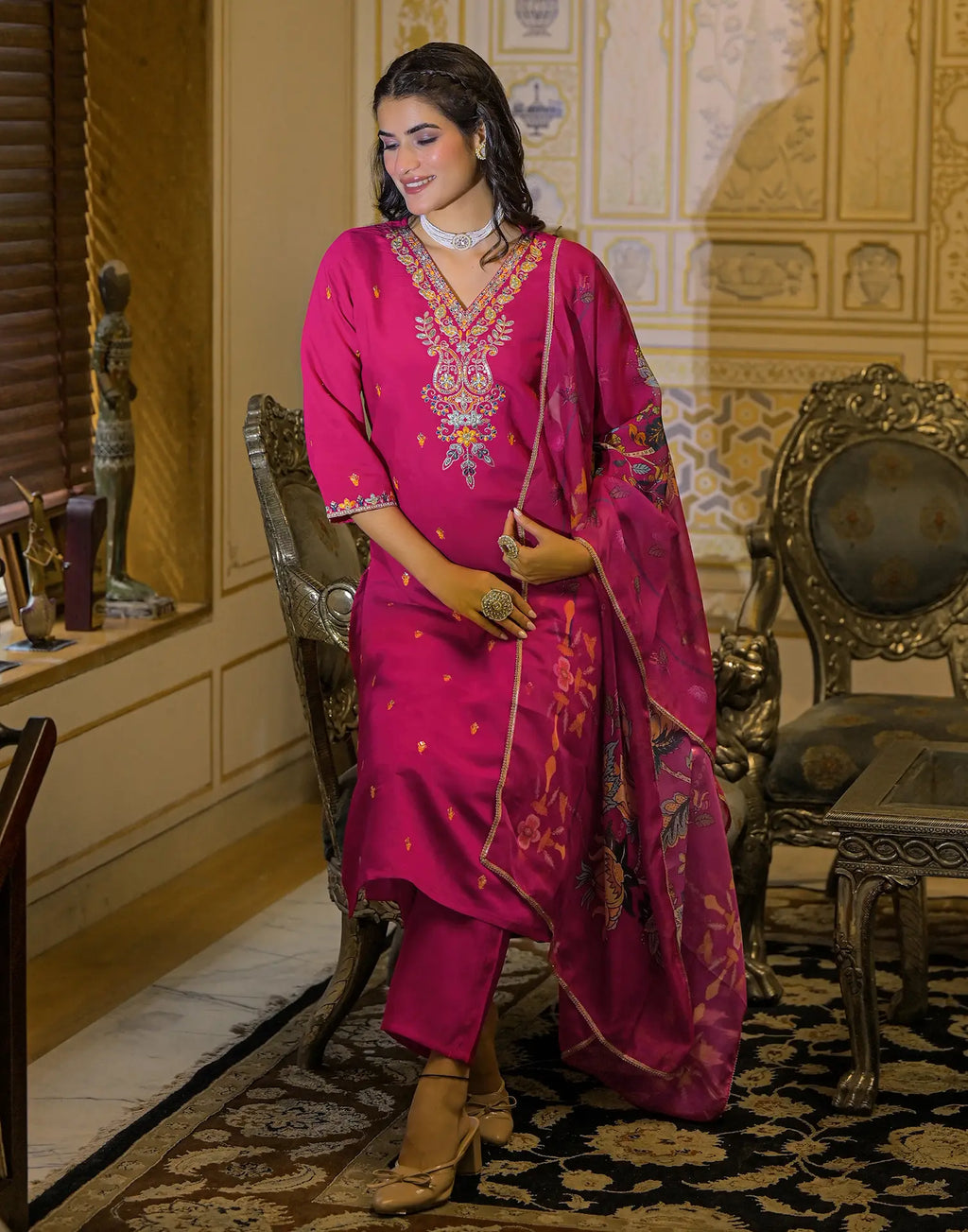 Skylee Silk Sequins Work Straight 3 Piece Kurta Set For Woman