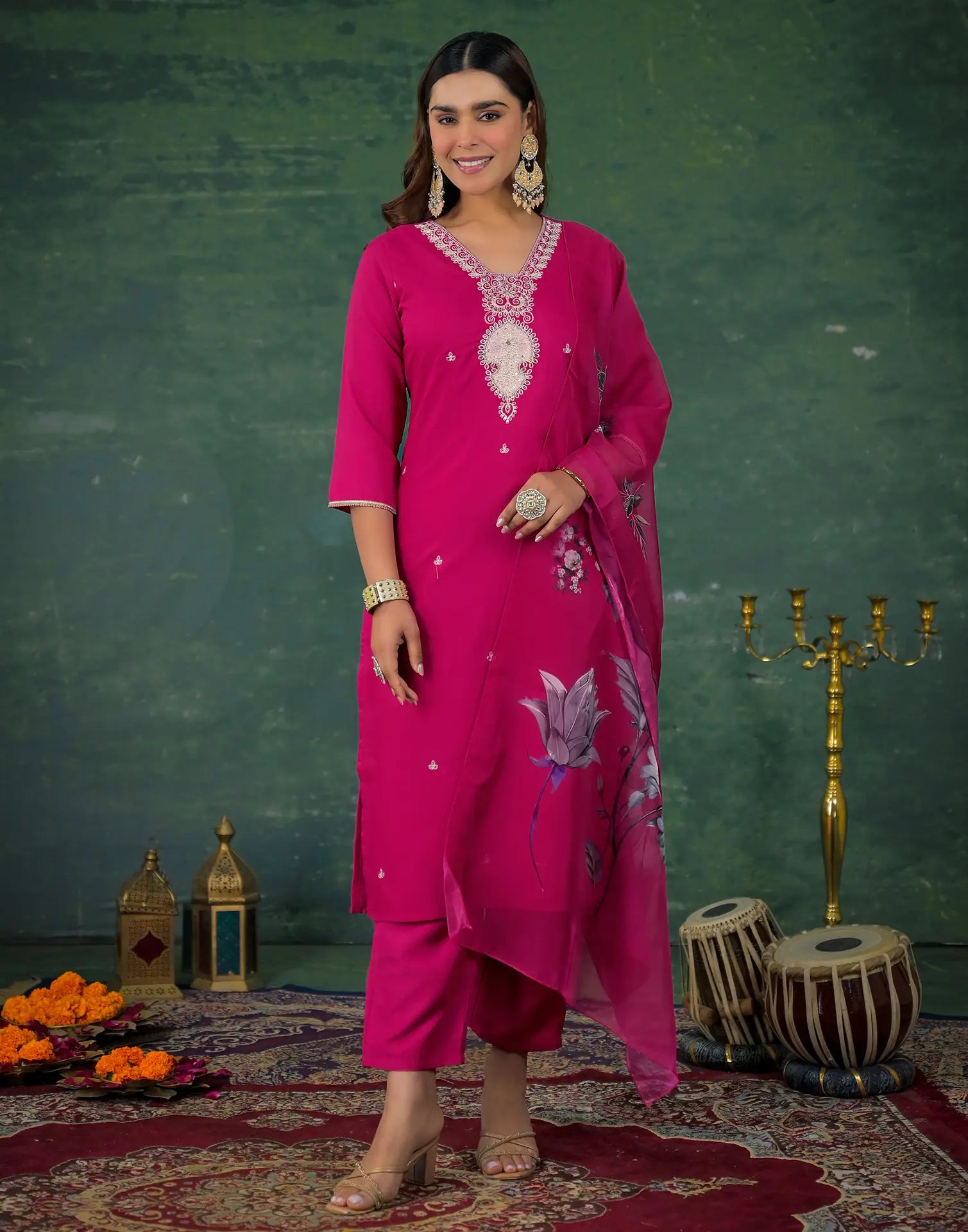 Skylee Rayon Sequins Work Straight 3 Piece Kurta Set For Woman