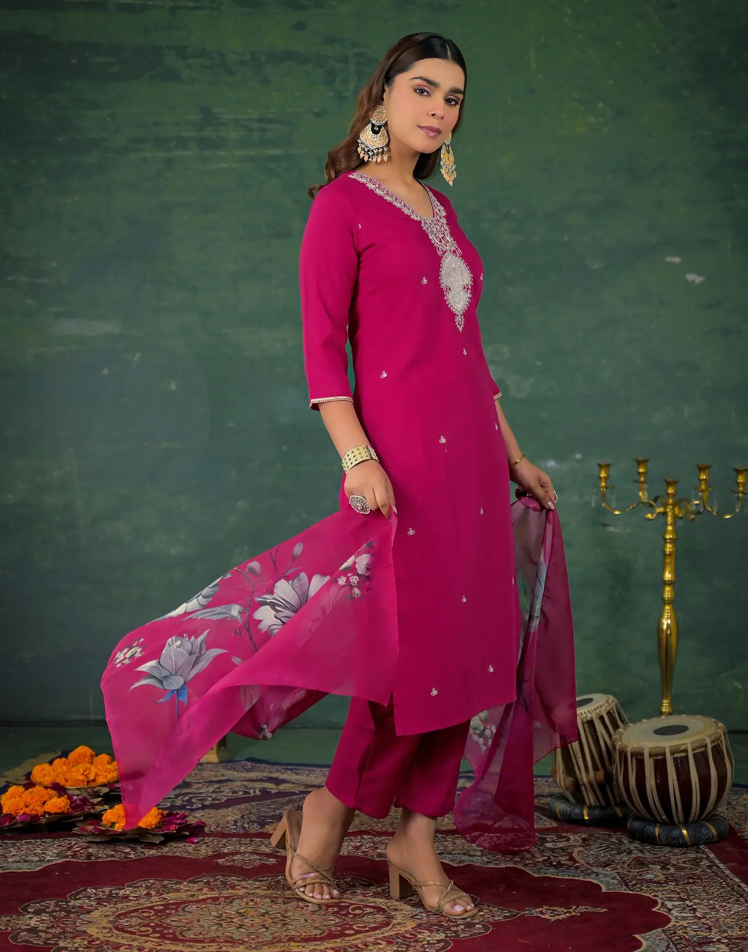 Skylee Rayon Sequins Work Straight 3 Piece Kurta Set For Woman