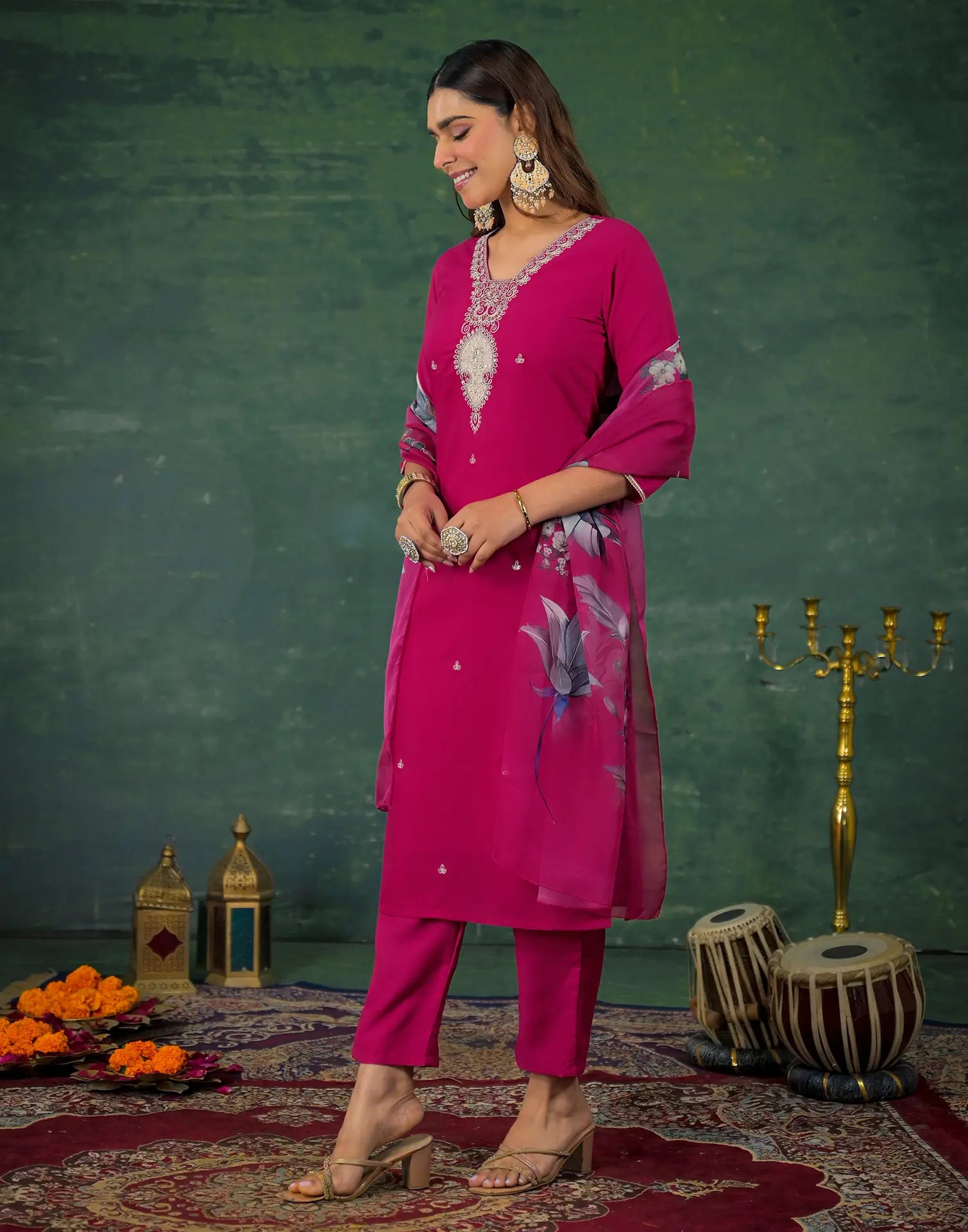 Skylee Rayon Sequins Work Straight 3 Piece Kurta Set For Woman