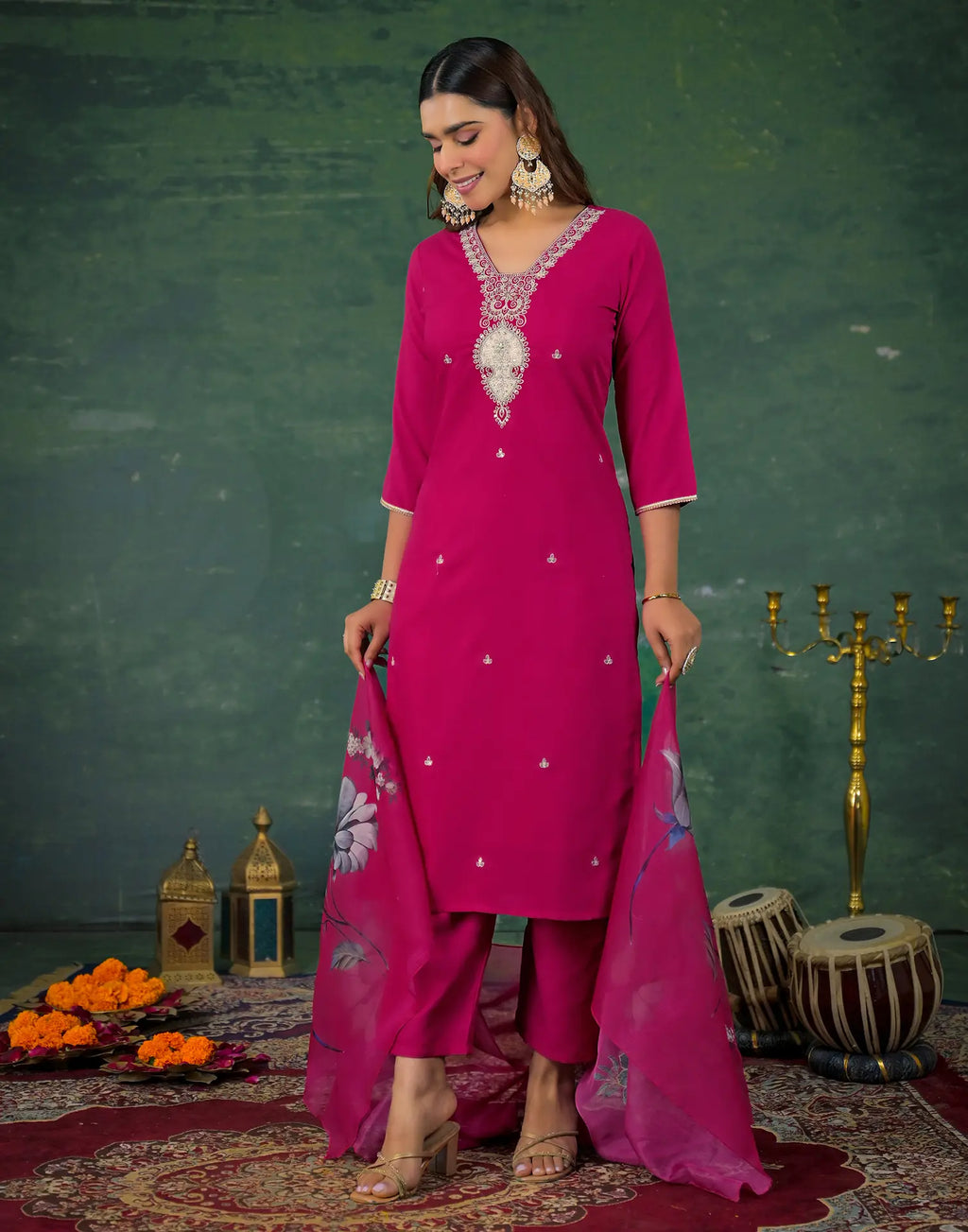 Skylee Rayon Sequins Work Straight 3 Piece Kurta Set For Woman