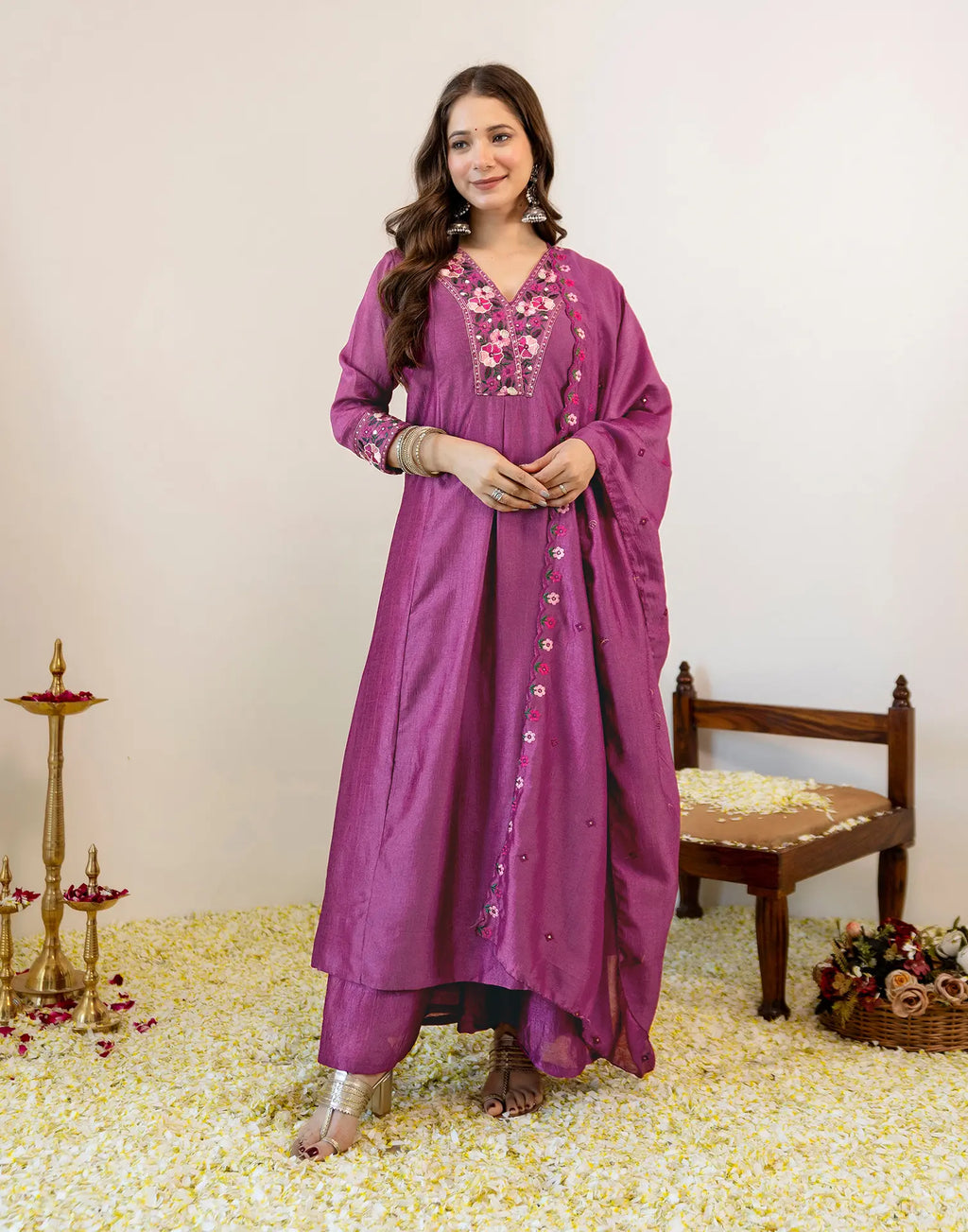 Orchid Pink V-Neck Embroidered Anarkali 3 Piece Kurta Set with Dupatta