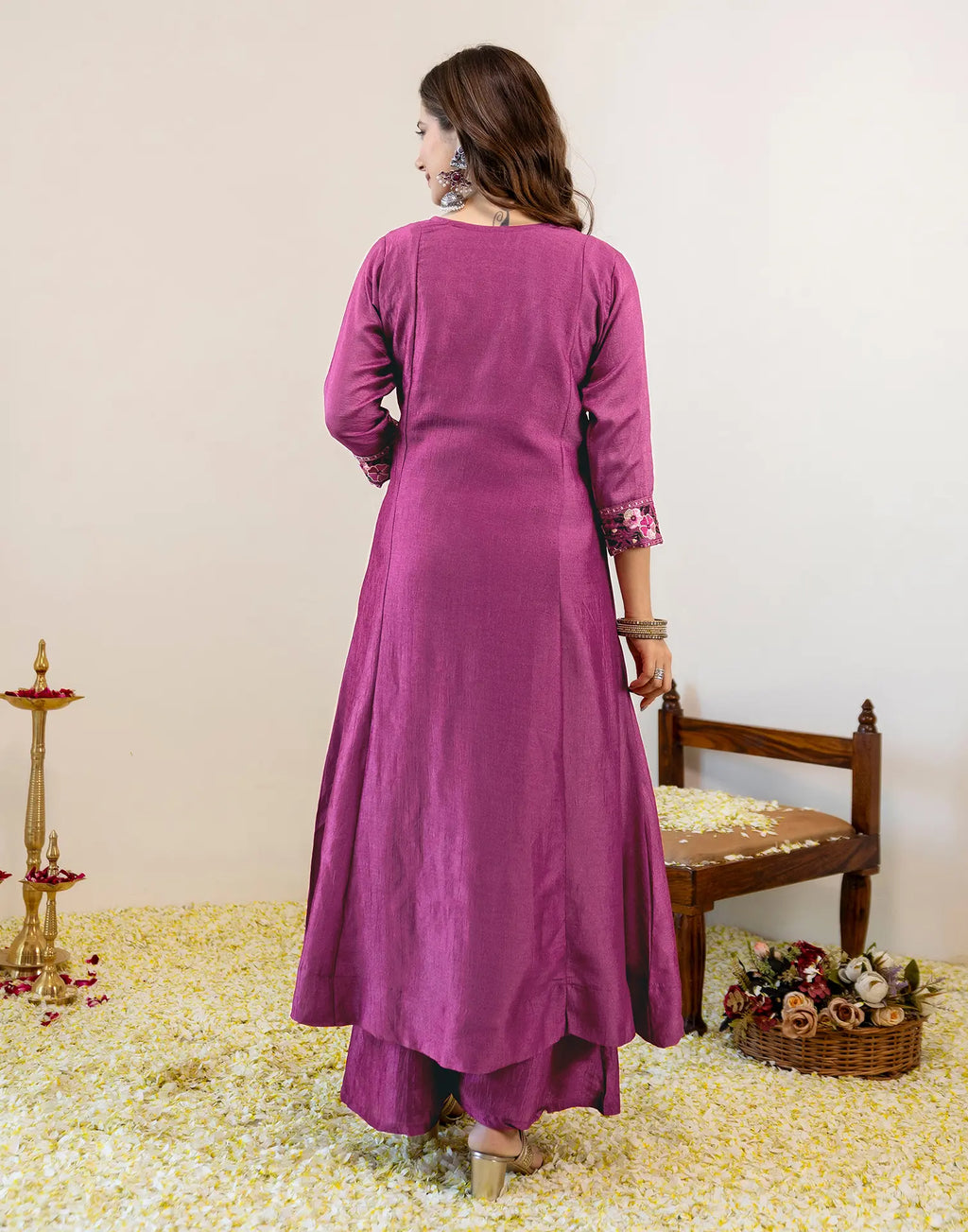 Orchid Pink V-Neck Embroidered Anarkali 3 Piece Kurta Set with Dupatta