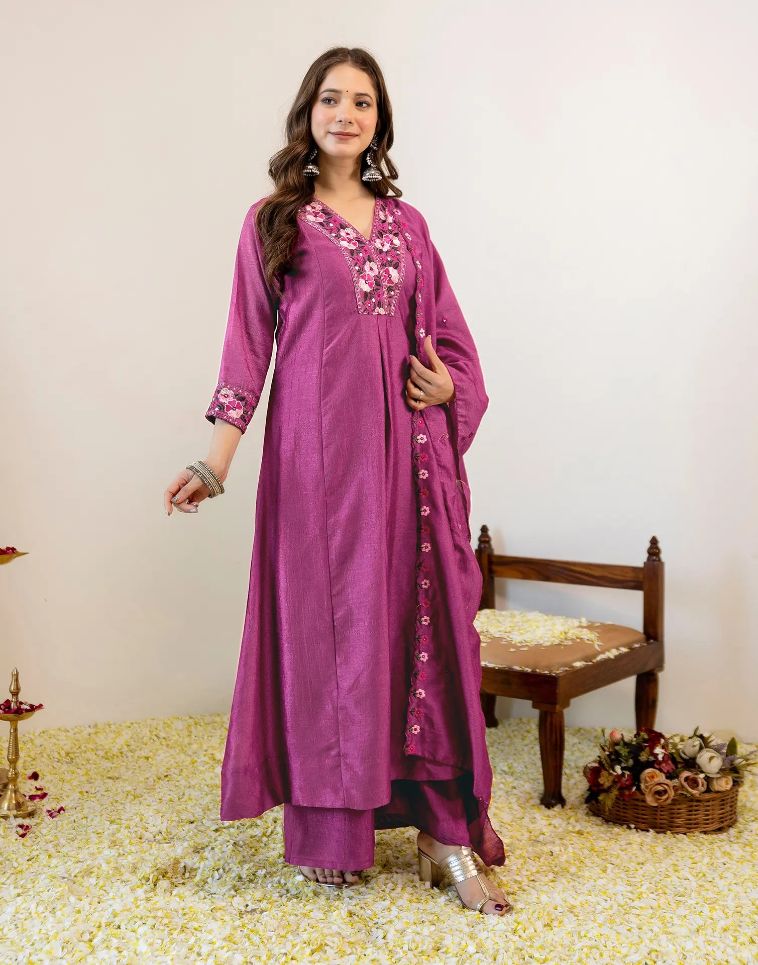 Orchid Pink V-Neck Embroidered Anarkali 3 Piece Kurta Set with Dupatta