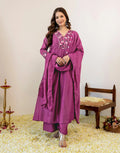 Orchid Pink V-Neck Embroidered Anarkali 3 Piece Kurta Set with Dupatta