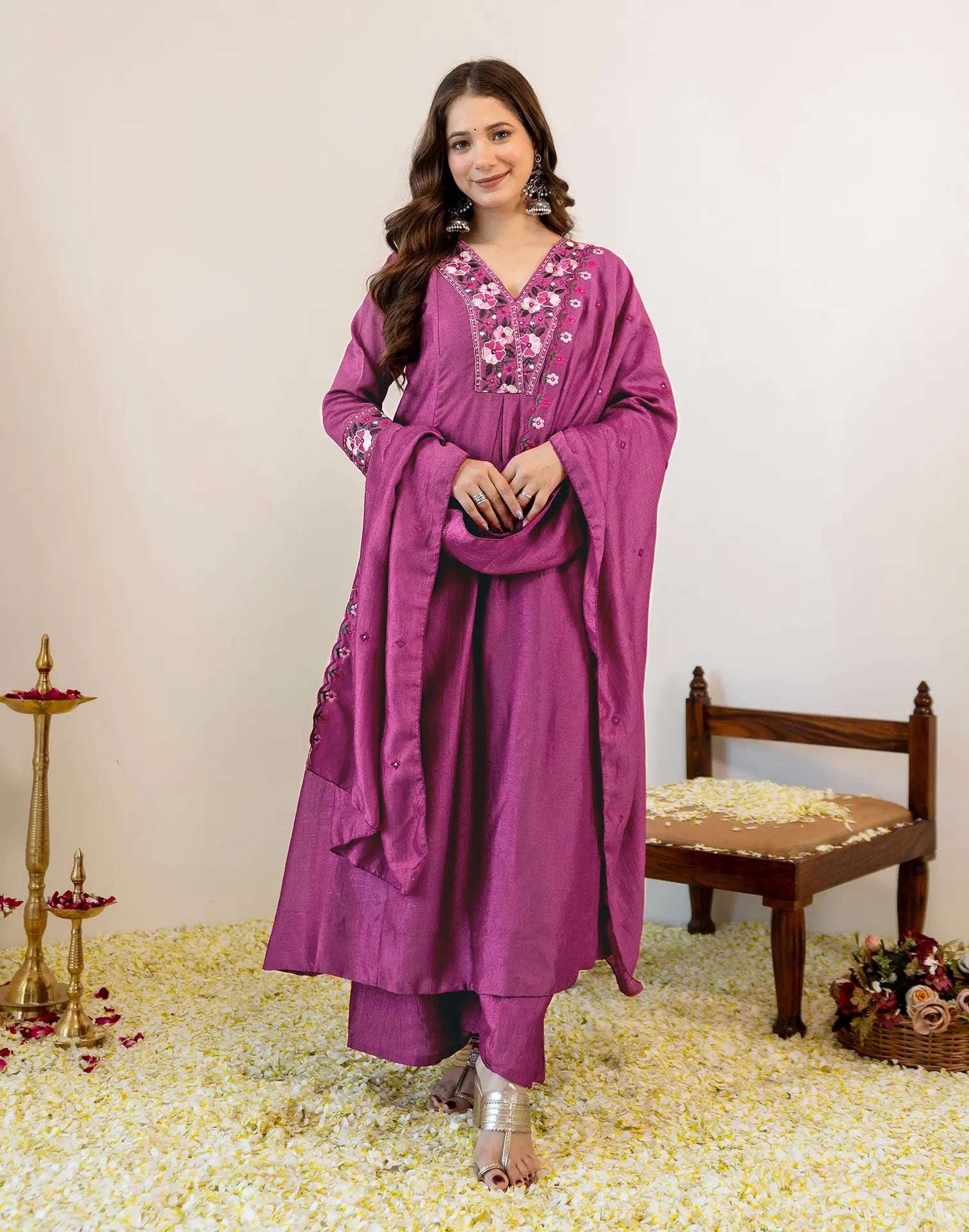 Orchid Pink V-Neck Embroidered Anarkali 3 Piece Kurta Set with Dupatta