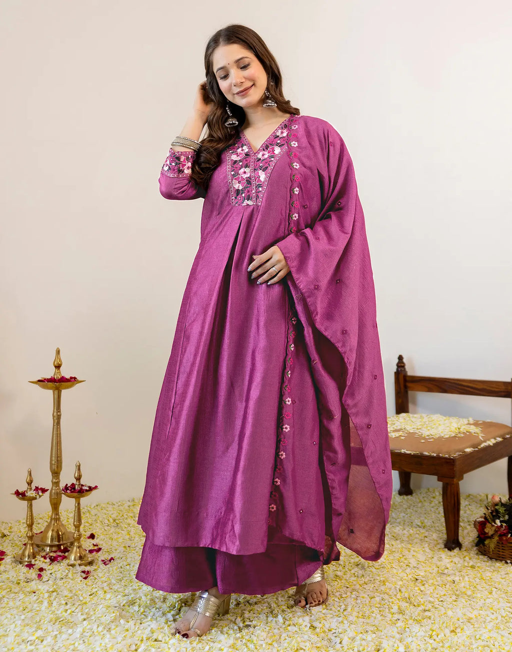 Orchid Pink V-Neck Embroidered Anarkali 3 Piece Kurta Set with Dupatta