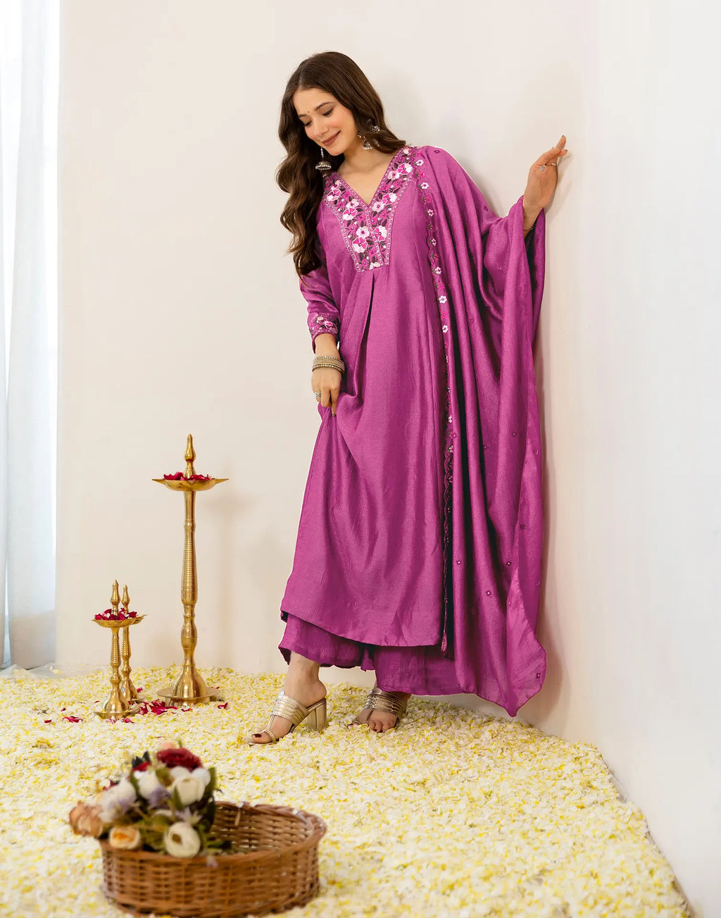Orchid Pink V-Neck Embroidered Anarkali 3 Piece Kurta Set with Dupatta