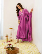 Orchid Pink V-Neck Embroidered Anarkali 3 Piece Kurta Set with Dupatta