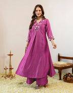Orchid Pink V-Neck Embroidered Anarkali 3 Piece Kurta Set with Dupatta
