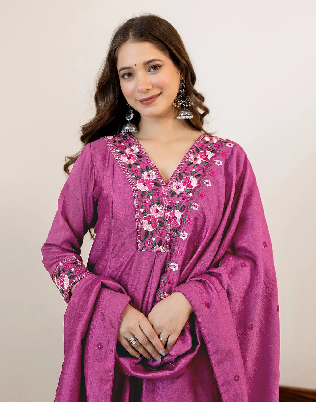 Orchid Pink V-Neck Embroidered Anarkali 3 Piece Kurta Set with Dupatta