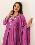 Orchid Pink V-Neck Embroidered Anarkali 3 Piece Kurta Set with Dupatta
