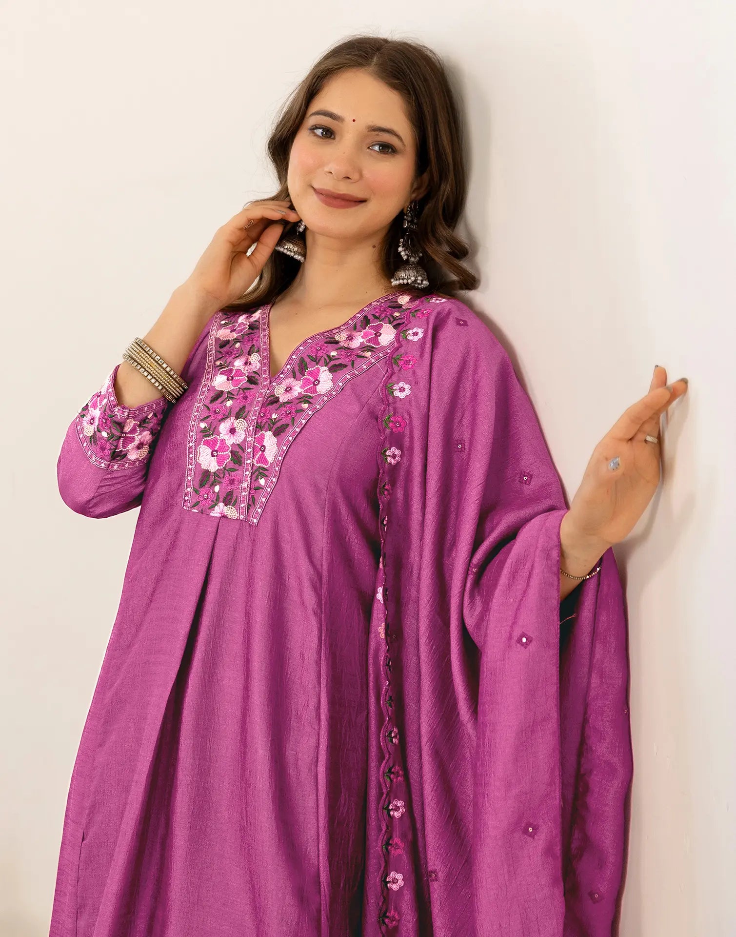 Orchid Pink V-Neck Embroidered Anarkali 3 Piece Kurta Set with Dupatta