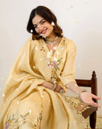 Honey Banana Yellow V-Neck Embroidered Straight 3 Piece Kurta Set with Dupatta