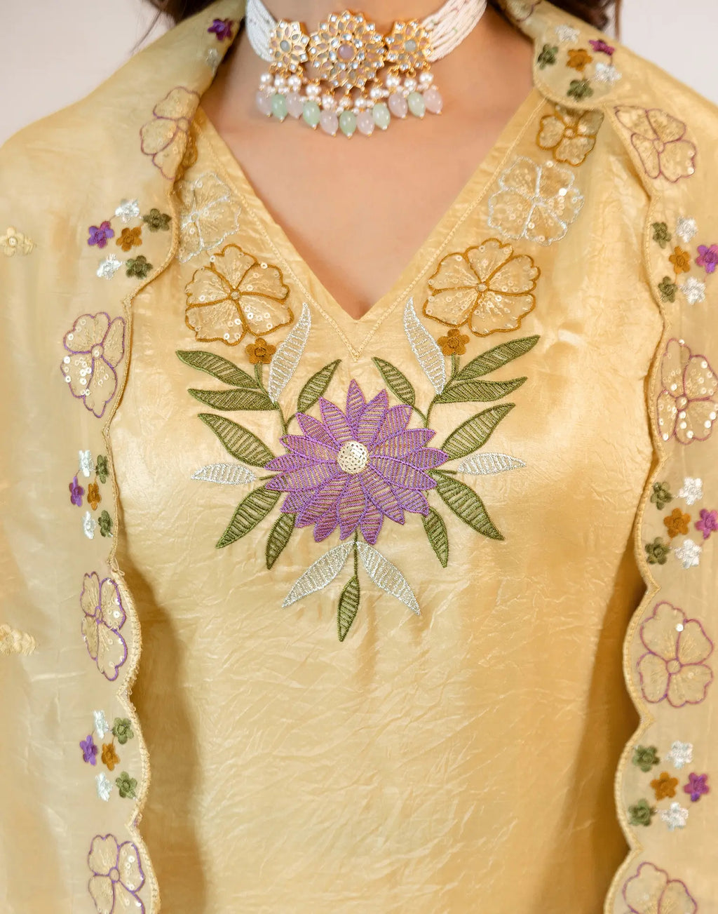 Honey Banana Yellow V-Neck Embroidered Straight 3 Piece Kurta Set with Dupatta
