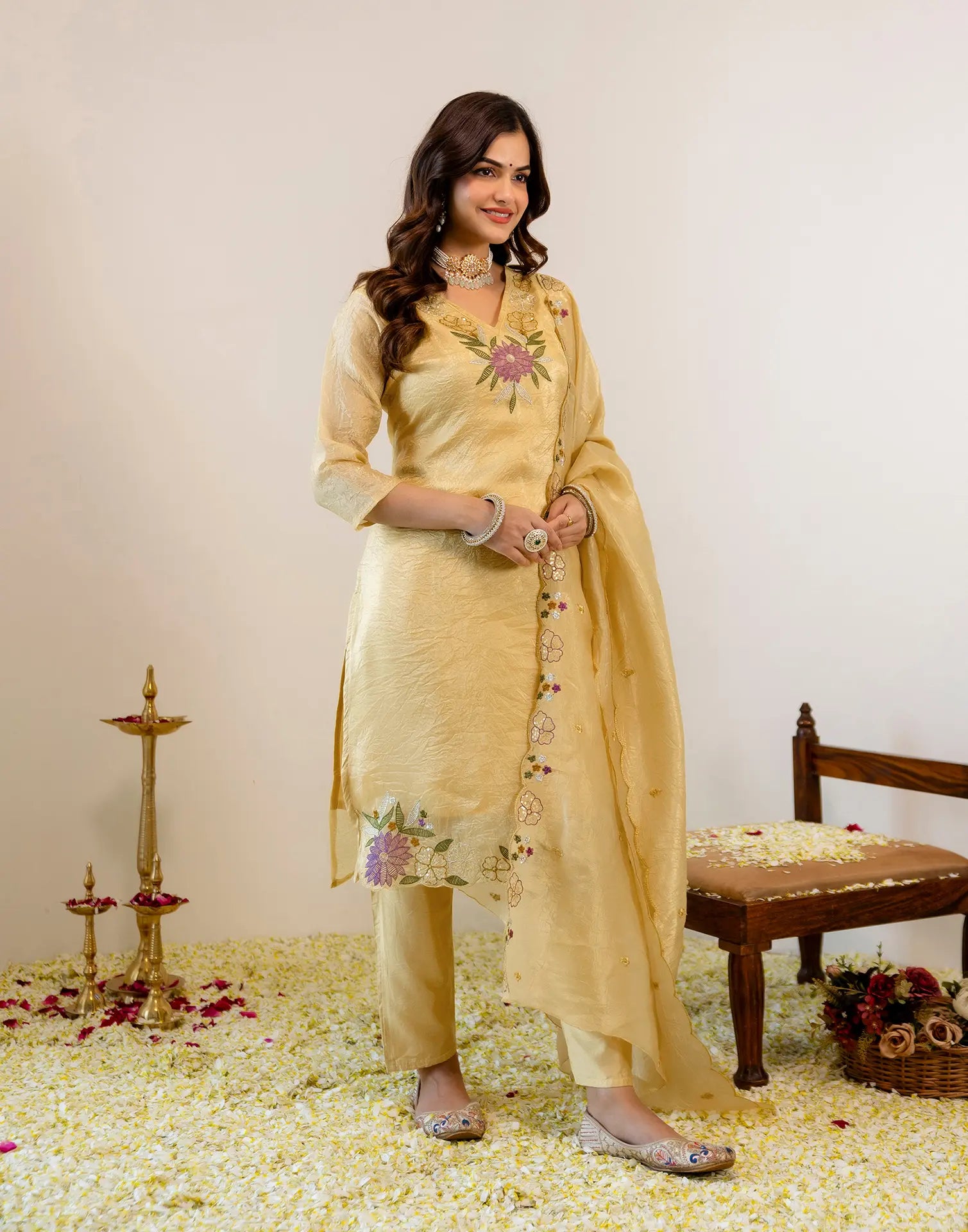 Honey Banana Yellow V-Neck Embroidered Straight 3 Piece Kurta Set with Dupatta