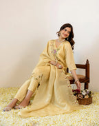 Honey Banana Yellow V-Neck Embroidered Straight 3 Piece Kurta Set with Dupatta