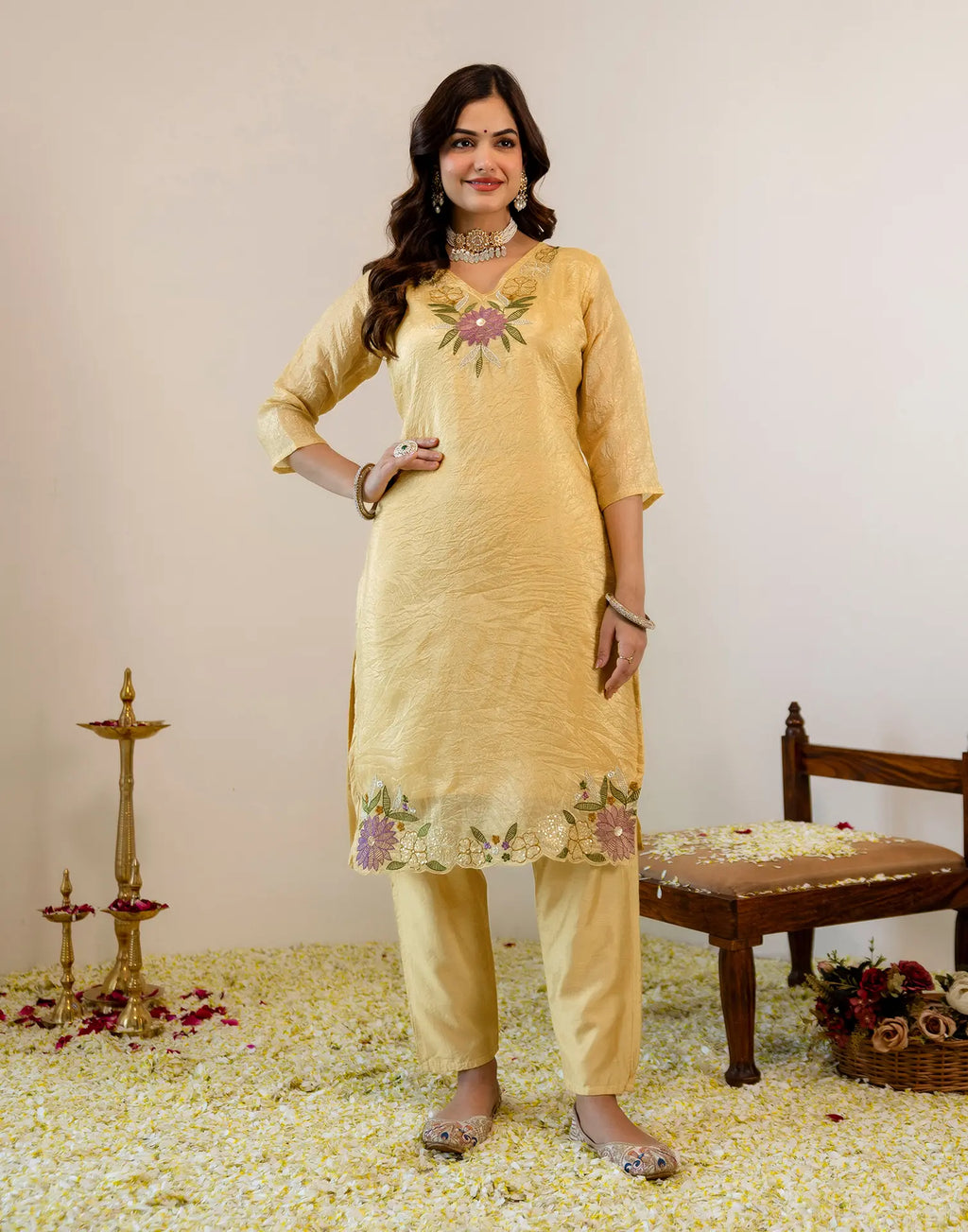 Honey Banana Yellow V-Neck Embroidered Straight 3 Piece Kurta Set with Dupatta
