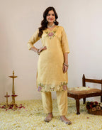 Honey Banana Yellow V-Neck Embroidered Straight 3 Piece Kurta Set with Dupatta