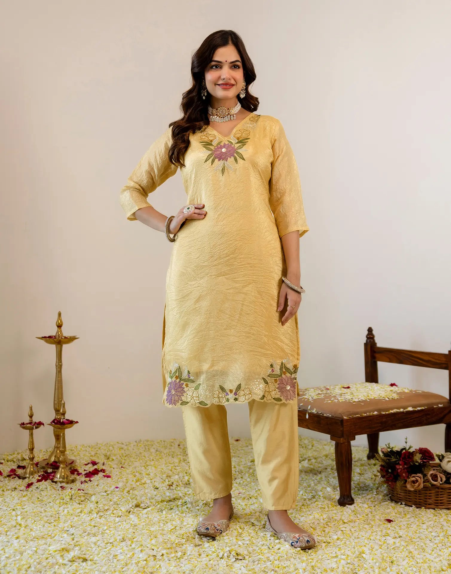 Honey Banana Yellow V-Neck Embroidered Straight 3 Piece Kurta Set with Dupatta